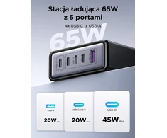 UGREEN USB-C įkrovimo stotelė 65 W su 5 USB jungtimis ir 2 m laidu, 65195
