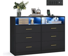 VASAGLE komoda su LED apšvietimu ir maitinimo lizdais, 6 stalčių, 40 × 119 × 81,2 cm, LTS316BC01