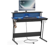 VASAGLE kompiuterinis stalas su LED apšvietimu, maitinimo lizdais ir monitoriaus stovu B3LWHD1299B565