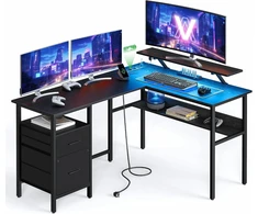 VASAGLE L formos kompiuterinis stalas su LED apšvietimu, USB jungtimis ir 2 stalčiais LWD095B01