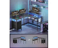 VASAGLE L formos kompiuterinis stalas su LED apšvietimu, USB jungtimis ir 2 stalčiais LWD095B01