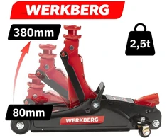 WERKBERG hidraulinis automobilio domkratas, niskoprofilinis, 2,5T, aukštis 80–380 mm