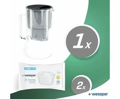 Wessper vandens filtruojantis ąsotis, borosilikatinio stiklo, 2,5 l, su filtrais, suderinamas su Brita Maxtra, juodas, AQUAMAX Crystalline