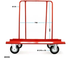 Wiltec plokščių transportavimo vežimėlis iki 800 kg su 4 guminiais ratais, 62300