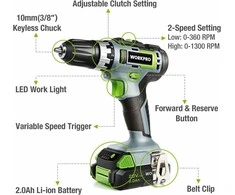 WORKPRO 18 V akumuliatorinis gręžtuvas–suktuvas, 25 Nm, 2.0 Ah Li-Ion, 2 greičiai