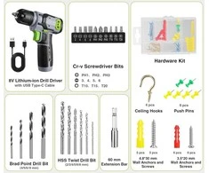 WORKPRO akumuliatorinis gręžtuvas 8 V su 10 mm griebtuvu, LED lempute, kintamu greičiu, 53 dalių priedų komplektu