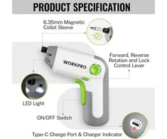 WORKPRO akumuliatorinis suktuvas 3,6 V, 210 aps./min, 2000 mAh, USB-C, LED, W121070A