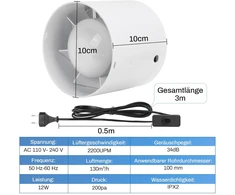 XIIW Kanalinis ventiliatorius, 100 mm skersmens, 130 m³/h, su 3 m laidu ir jungikliu, tylus veikimas
