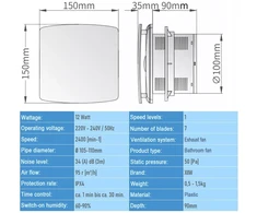 XIIW vonios ventiliatorius su drėgmės jutikliu, 100 mm, tylus, 12 W, 95 m³/h, su vožtuvu