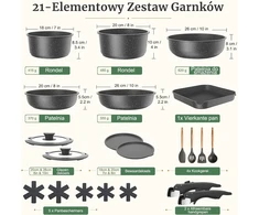 YASHE puodų ir keptuvių rinkinys, 21 dalių, indukcijai, su nuimamomis rankenomis BZD-DC02GG