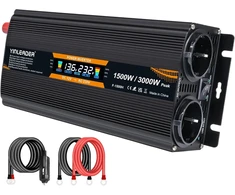 Yinleader įtampos keitiklis 12 V į 230 V, 1500 W, 2 AC lizdai, USB 1500W12VLCD-H-M-EU