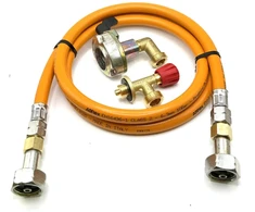 LPG aukšto slėgio dujų žarna 1,5 m su 27 mm kampiniu Clip-On adapteriu (90°) ir Campingaz 901 / 904 / 907 jungtimi