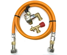 LPG aukšto slėgio dujų žarna 1,5 m su 27 mm kampiniu Clip-On adapteriu (90°) ir Campingaz 901 / 904 / 907 jungtimi