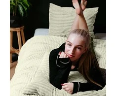 Patalynės komplektas Pliušinė patalynė Sleeptime Rib Teddy kreminės spalvos 200×220 cm, su 2 pagalvių užvalkalais