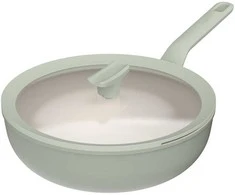 BergHOFF 28 cm wok keptuvė su dangčiu - Balance Sage su nepridegančia danga, dangtis su šaukšto laikikliu ir nupylimo anga
