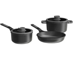BergHOFF 5 dalių puodų rinkinys - Uqonic Downdraft serija su nepridegančia danga ir stikliniu dangčiu su sieteliu