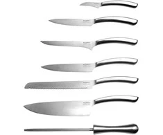 BergHOFF 8 dalių peilių blokas - medinis blokas su 6 nerūdijančio plieno peiliais ir įmontuotu galąstuvu