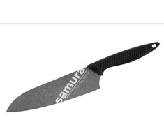 Samura GOLF Stonewash Santoku 180 mm – AUS-8 58 HRC, juodas ergonom. rankena, universalus virtuvės peilis