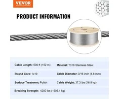 VEVOR 316 nerūdijančiojo plieno trosas 152 m, 4,8 mm