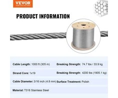 VEVOR T316 nerūdijančio plieno kabelis 3/16"x 305 m