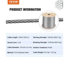 VEVOR nerūdijančio plieno trosas 3.2mm 300m 11.14KN