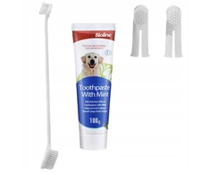 Šunų dantų šepetėlių rinkinys DentalPaws, 4 dalių su 100g mėtų pasta