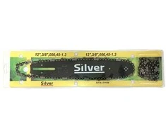 SILVER Sidabrinis Tools Grandininio pjūklo pjovimo juosta su dviem grandinėmis 12″ 30cm 3/8″ ,050, 1,3mm 45 narelių.