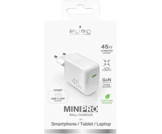 Puro Elektrik Puro Super Mini 45W PD GaN USB-C laidinis įkroviklis – baltos spalvos