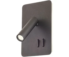 6W + 3W LED sieninis šviestuvas QUDA, juodas, 3000K, šviesos kampas 120°, skaitymo šviestuvėlio - 20°, su USB, 01-2982