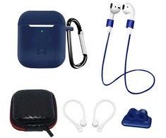 Hurtel Set of AirPods 2 / AirPods 1 Silikoninis dėklas + case / ear hook / neck strap / watch strap holder / carabiner – mėlynos spalvos