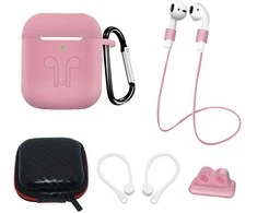 Dėklas Hurtel Set of AirPods 2 / AirPods 1 silikoninis case + case / ear hook / neck strap / watch strap holder / carabiner – rožinės spalvos
