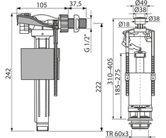 WC mechanizmų komplektas AlcaPlast, prileidimas šoninio pripildymo, nuleidimas su Stop mechanizmu