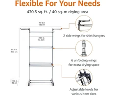 Amazon Basics keturių lygių sulankstoma drabužių džiovyklė su reguliuojamais sparnais, pilka, 126 x 64 x 173 cm