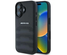 Mercedes AMG AMHCP16SGSEBK Apple iPhone 16 6.1″ juodos spalvos kietas dėklas Leather Debossed Lines juodos spalvos Logo