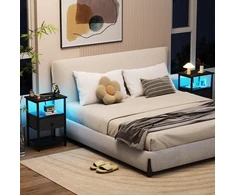 AMHANCIBLE naktinis staliukas su LED, USB ir elektros lizdais, tekstilinė stalčius, juodas, EHETS01BK-1