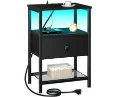 AMHANCIBLE naktinis staliukas su LED, USB ir elektros lizdais, tekstilinė stalčius, juodas, EHETS01BK-1