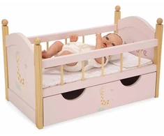 Arias medinė lėlių lovytė su stalčiumi ir patalyne, rožinė (iki 45 cm)