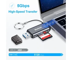 Beikell atminties kortelių skaitytuvas USB-C ir USB 3.0, du lizdai, iki 5 Gb/s, B6310