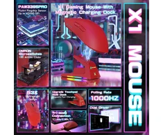 Attack Shark X1 belaidė žaidimų pelė su magnetine krovimo stotele, PixArt PAW3395PRO, 40000 DPI, 53g, raudona