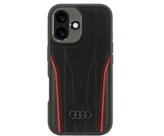 Audi Genuine Leather MagSafe Apple iPhone 16 6.1″ juodos spalvos-red kietas dėklas AU-TPUPCMIP16-R8/D3-RD