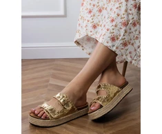 Auksinės espadrilės šlepetės moterims su sagtelėmis