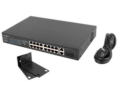 Ausinės LANBERG 19" stelažinis komutatorius, 16 x 100 Mb/s PoE+/2 x kombinuoti Gigabit, 150W, nevaldomas RSFE-16P-2C-150