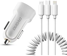 Įkroviklis automobilinis Dudao R7 (2xUSB; 2.4A) + 3in1 laidas lightning+micro+type-C baltas