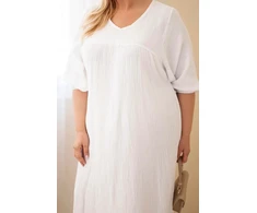 Balta Plus Size medvilninė muslino suknelė su V formos iškirpte