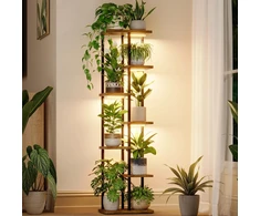 Bamworld 7 lygių metalinis augalų stovas su LED apšvietimu ir medinėmis lentynomis TM02-6T-BR