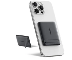 Baseus PicoGo AM31 Qi2 5000 mAh 20 W „MagSafe“ suderinamas išorinis akumuliatorius su stovu (su juodu paprastu pintų USB-C – USB-C 30 cm laidu) – juodas