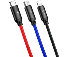 Ausinės Baseus Trijų pirminių spalvų 3-in-1 USB-A - micro USB / Lightning / USB-C 3.5A laidas 0.3 m - juodas