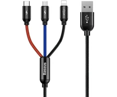 Ausinės Baseus Trijų pirminių spalvų 3-in-1 USB-A - micro USB / Lightning / USB-C 3.5A laidas 0.3 m - juodas