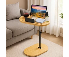 Bcuuozeeing reguliuojamas šoninis staliukas, bambukinis ir metalinis, 42–82 cm, C formos, 360°