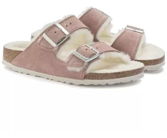Birkenstock Arizona zomšas ādas kažokādas ar polsterējumu, rozā māla LAF šauras čības (1023258)